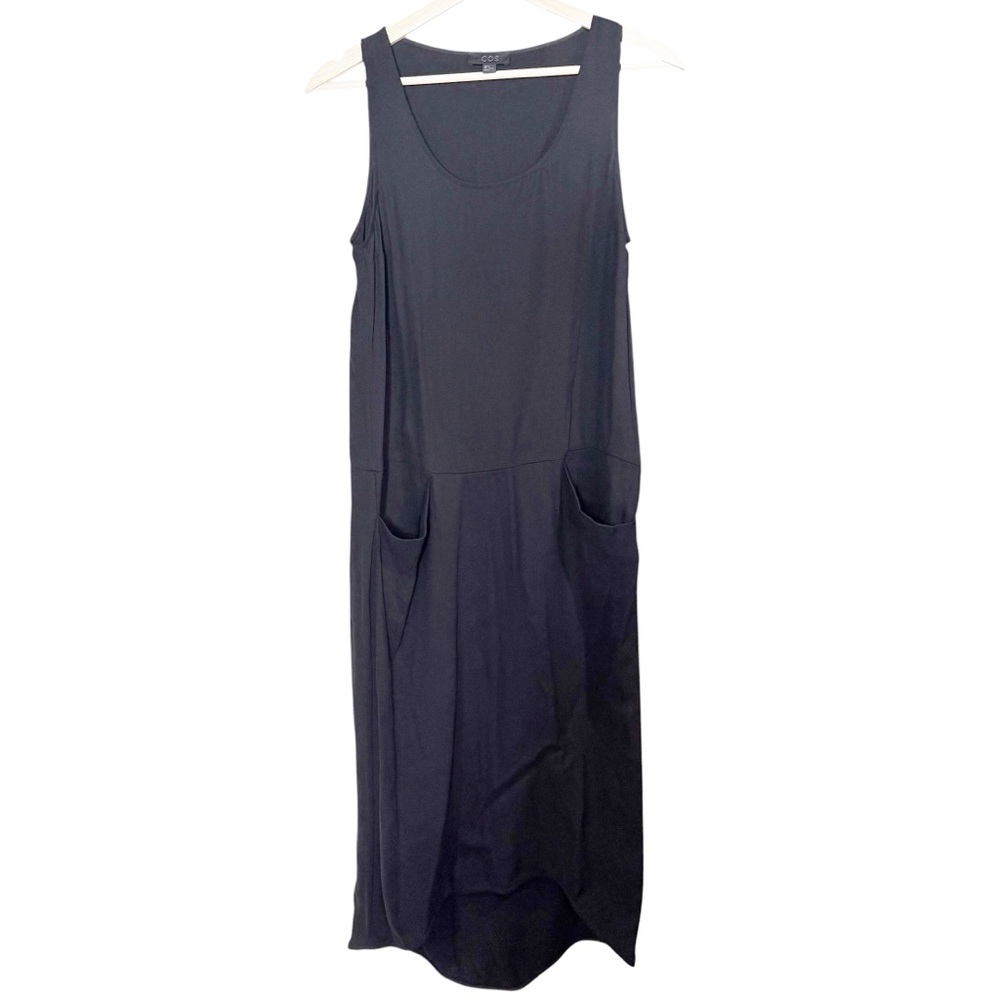 COS Black High Low Hem Slouchy Pocket Midi Dress Size 4 Minimalist Sleeveless